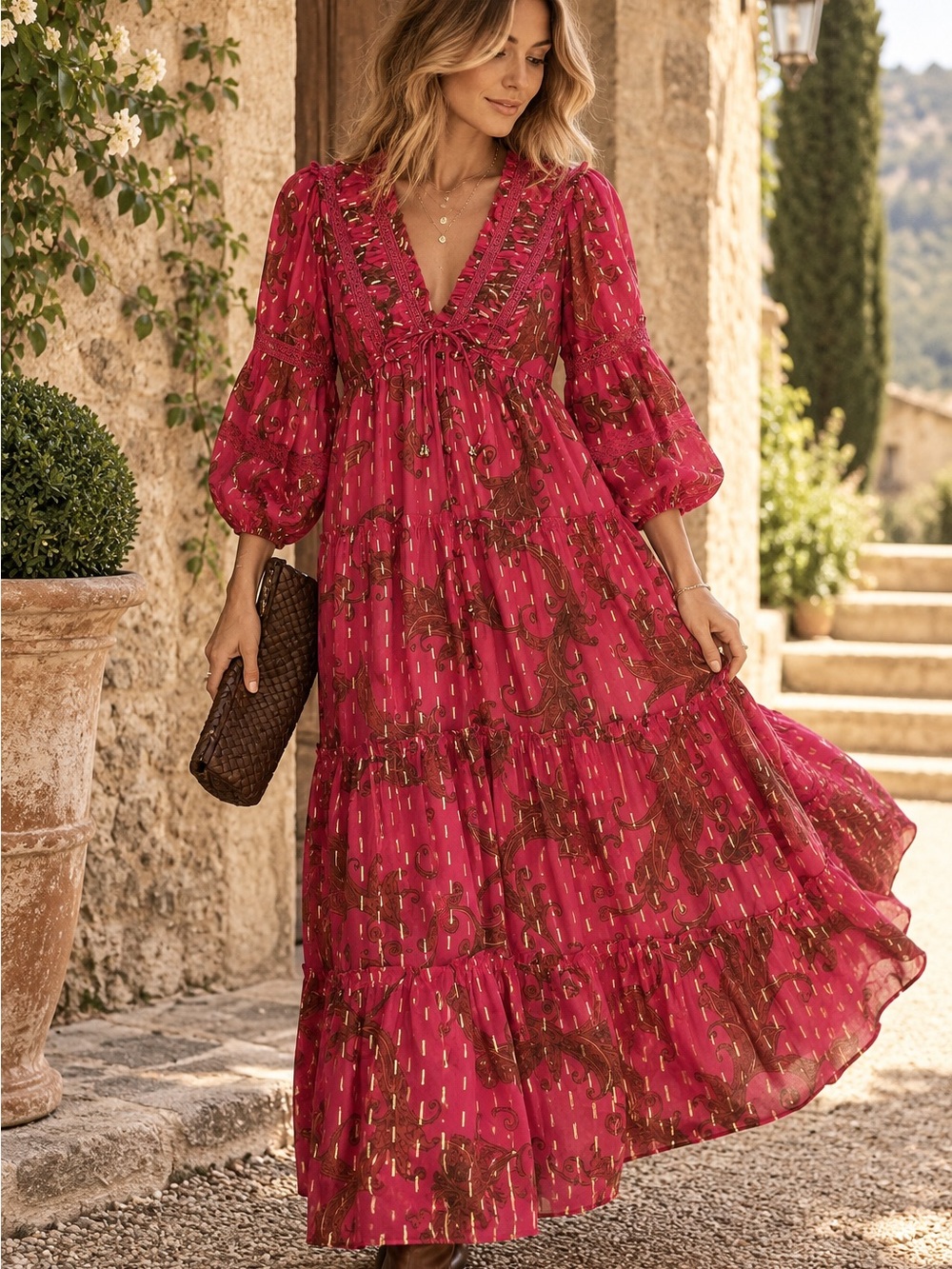 River Island Paisley Maxi Dress Fuchsia Pink Gold Metallic Boho Luxe Ruffle | 10